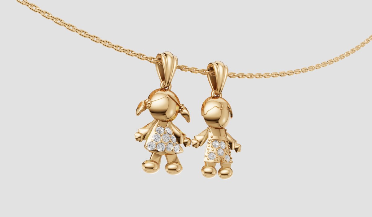 Pingentes Picolina e Picolino em ouro com diamantes, pendurados na corrente