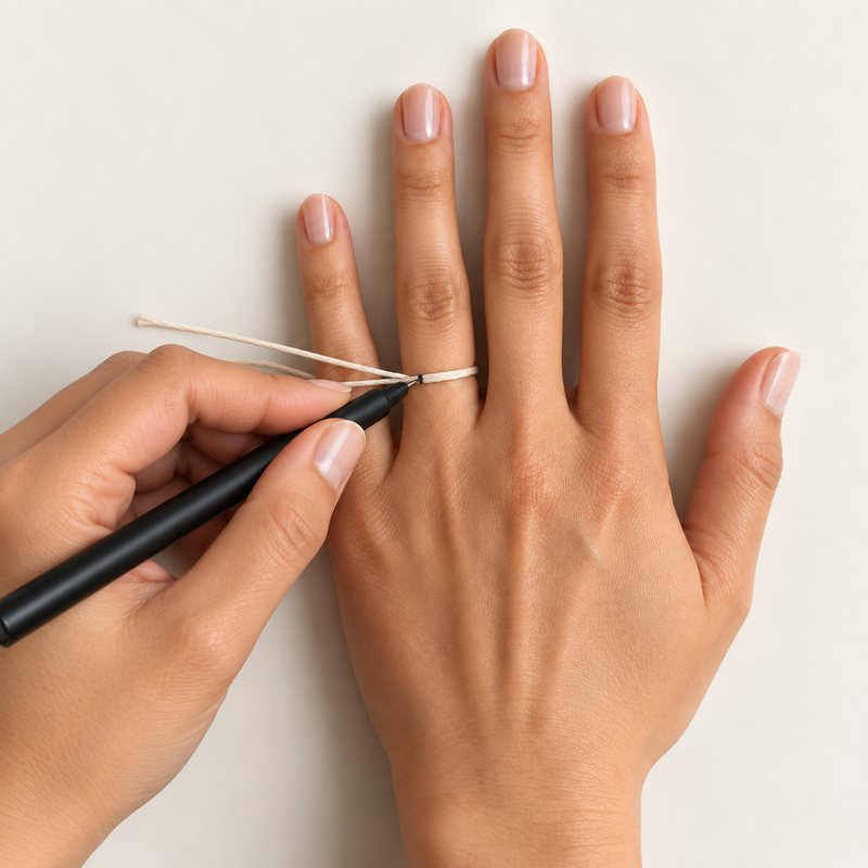 Caneta marcando o ponto em que a linha se encontra no dedo